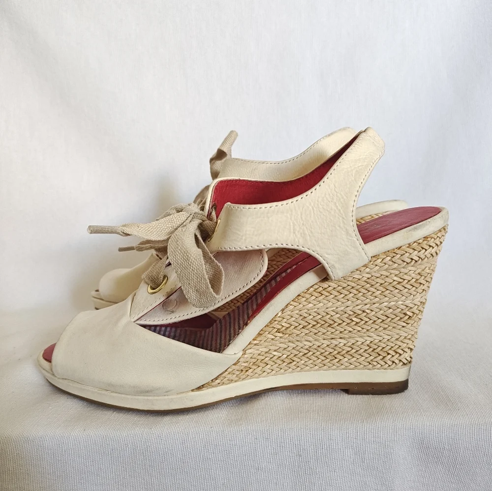 Johnston & Murphy Wedge Sandals Lace Up Espadrilles Cream 6.5 Leather‎ Natural